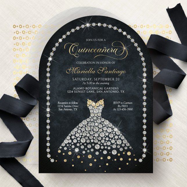 Gold Black Diamonds Elegant Quinceanera Invitation (Créateur téléchargé)