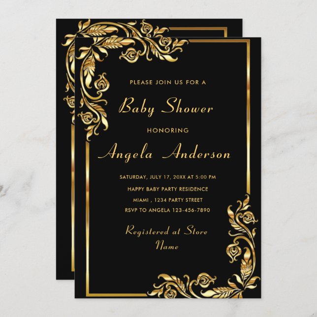 Gold Black Elegant Baby Girl Shower Invitation (Devant / Derrière)