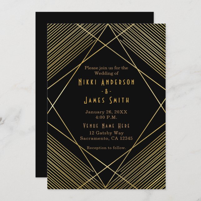 Gold & Black Elegant Moderne Glam Déco Invitation (Devant / Derrière)
