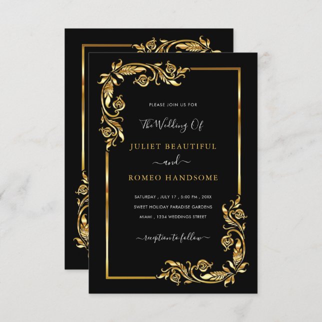 Gold Black Faire-part de mariage moderne de luxe (Devant / Derrière)