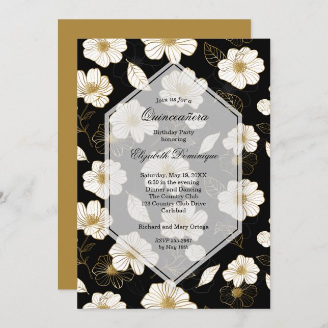 Gold Black Floral Quinceañera Invitations d'annive (Devant / Derrière)