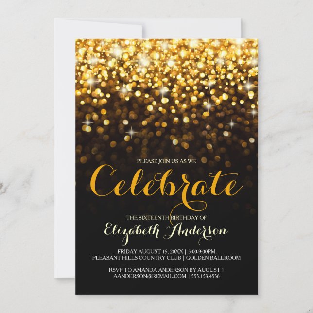 Gold Black Hollywood Glam Sweet sixteen Invitation (Devant)
