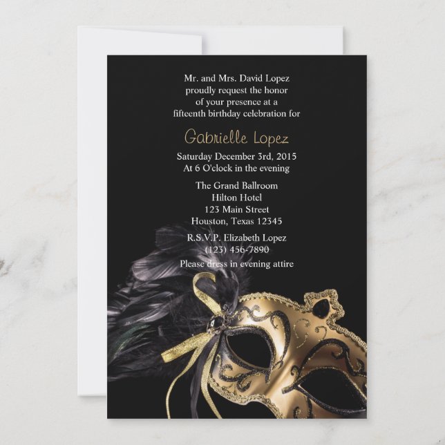 Gold Black Masquerade Ball Quinceanera Invitation (Dos)