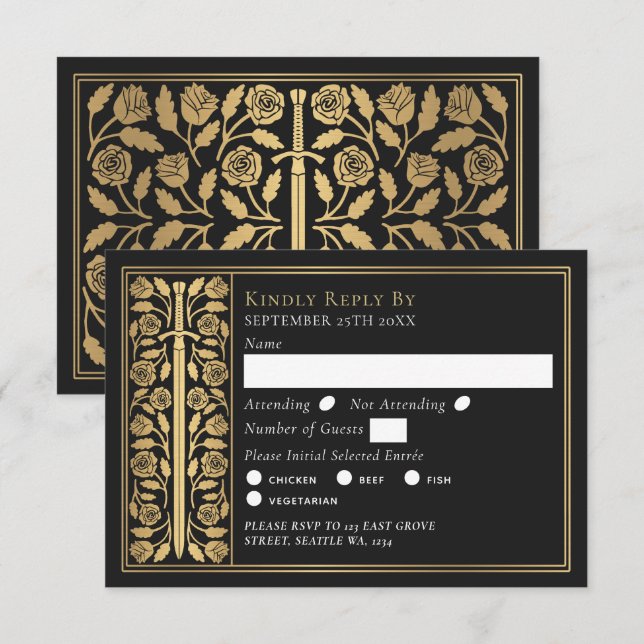 Gold Black Medieval Sword Wedding RSVP (Devant / Derrière)