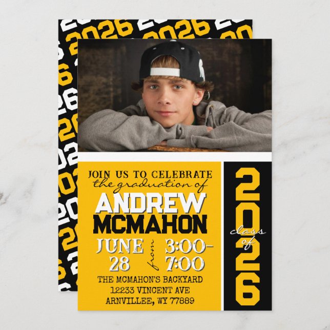 Gold & Black Modern Graduation Photo Invitation (Devant / Derrière)