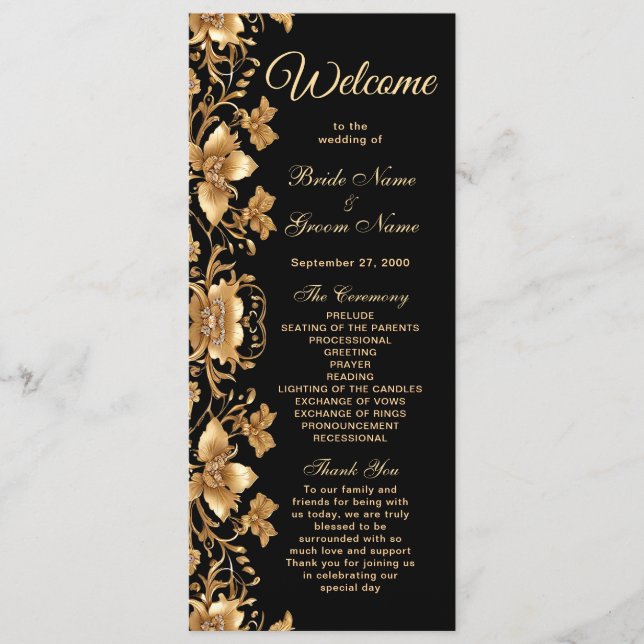 Gold Black Ornate Floral Wedding Programme (Devant)