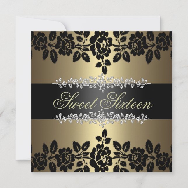 Gold & Black Rose Sweet 16 Anniversaire Invitation (Devant)