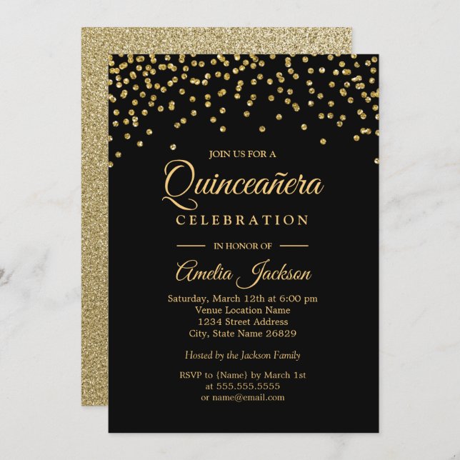 Gold Black Sparkle Confetti Quinceanera Invitation (Devant / Derrière)