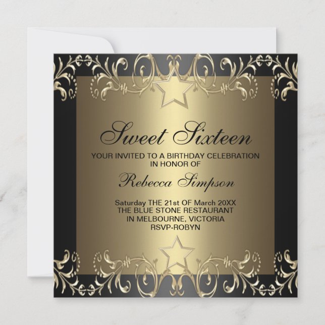 Gold & Black Star Sweet 16 Anniversaire Invitation (Devant)