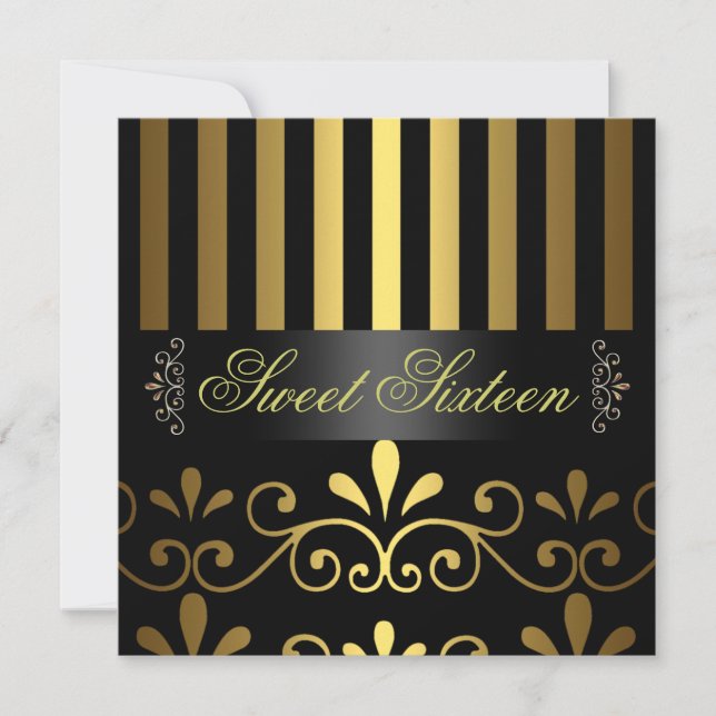 Gold/Black Stripe & Swirl Sweet 16 Invitation (Devant)