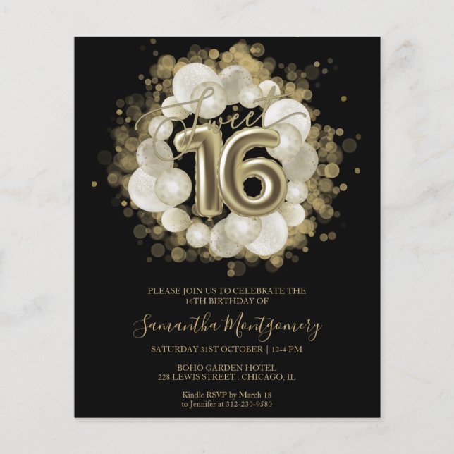 Gold Black Sweet 16 Invitations Budget (Devant)