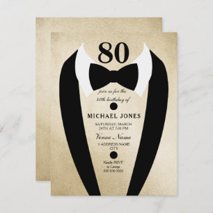 Gold Black Tuxedo Mens 80e anniversaire Invitation