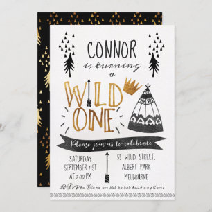 Gold Black Wild One Boys 1er Birthday Invitation