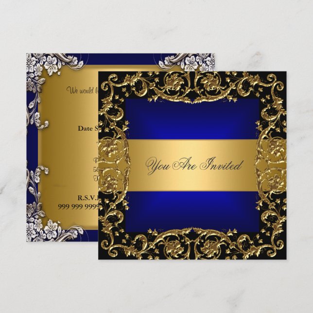 Gold Blue Anniversaire Fête Invitation (Devant / Derrière)