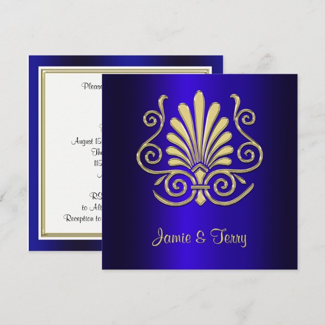 Gold Blue Art Deco Mariage damassé Invitation 2 (Devant / Derrière)