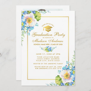 Gold Blue Floral Grad Party Invitation - Photo Ret
