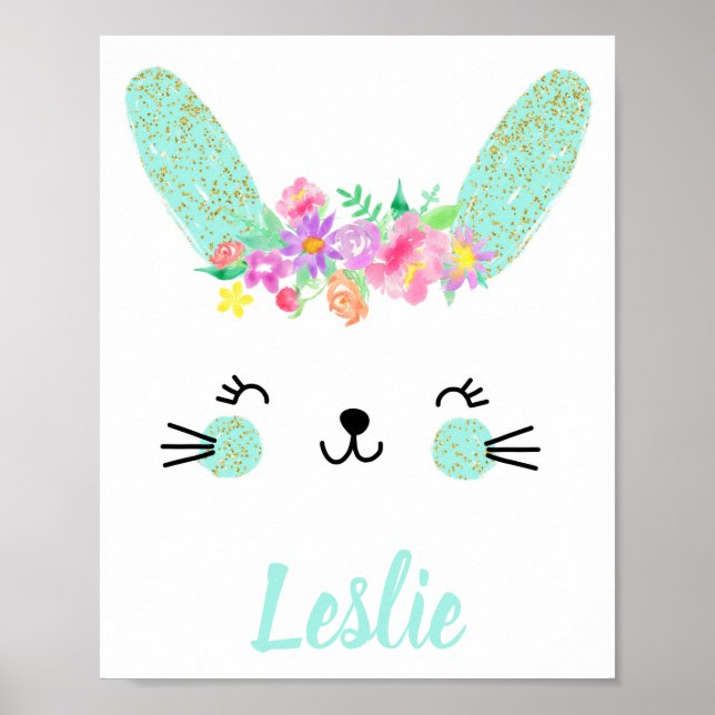 Gold Blue Floral Rabbit visage Nursery Poster Nom (Devant)