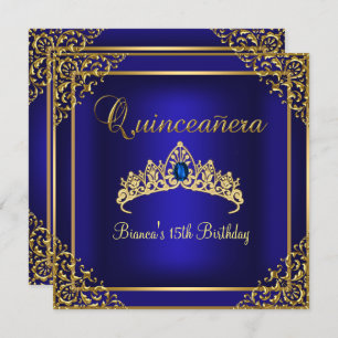 Gold & Blue Gem Tiara Quinceanera Invitation
