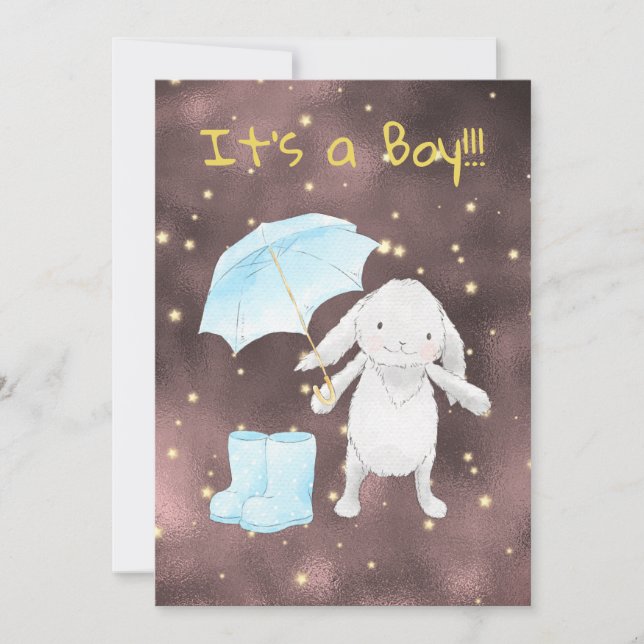 *~* Gold Blue Umbrella Shower Bunny Boy Invitation (Devant)