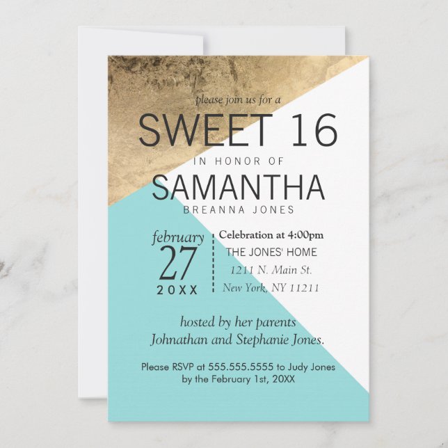 Gold Blue White Geo Triangles Sweet 16 Invitations (Devant)