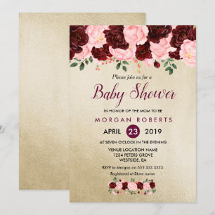 Gold Blush Bourgogne Floral Baby shower Invitation