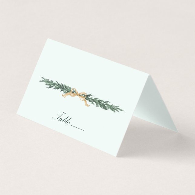 Gold Bow & Greenery Border Mint Wedding Place Card (Front)