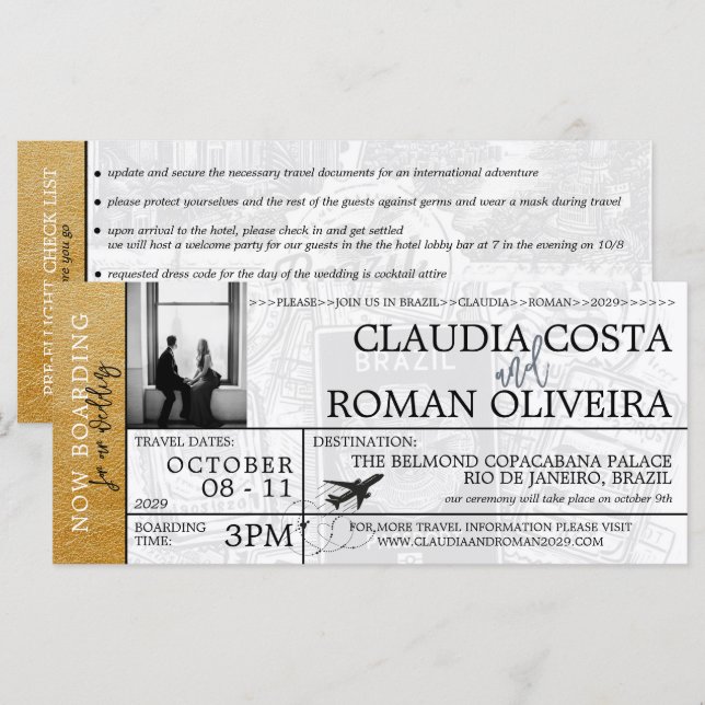 Gold Brésil Mariage Boarding Pass Invitation (Devant / Derrière)