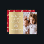 Gold Budget Noël Photo Paix Joie Carte d'amour<br><div class="desc">"Paix, joie et amour." Une illustration ludique, ludique et blanche de flocon de neige et de typographie moderne sur un faux arrière - plan de feuille d'or, ainsi que la photo personnalisée de votre choix, vous aider à inaugurer la saison de Noël. Un faux motif de flocons d'or recouvre un...</div>