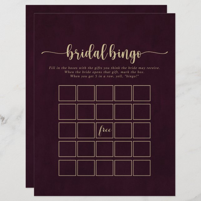 Gold Burgundy Calligraphy Bride Bingo Jeu (Devant / Derrière)