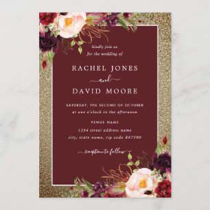 Gold Burgundy Floral Aquarelle Mariage Invitation