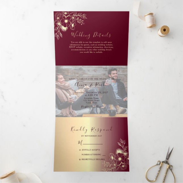 Gold Burgundy Photo Tri-Fold Invitation (Intérieur)