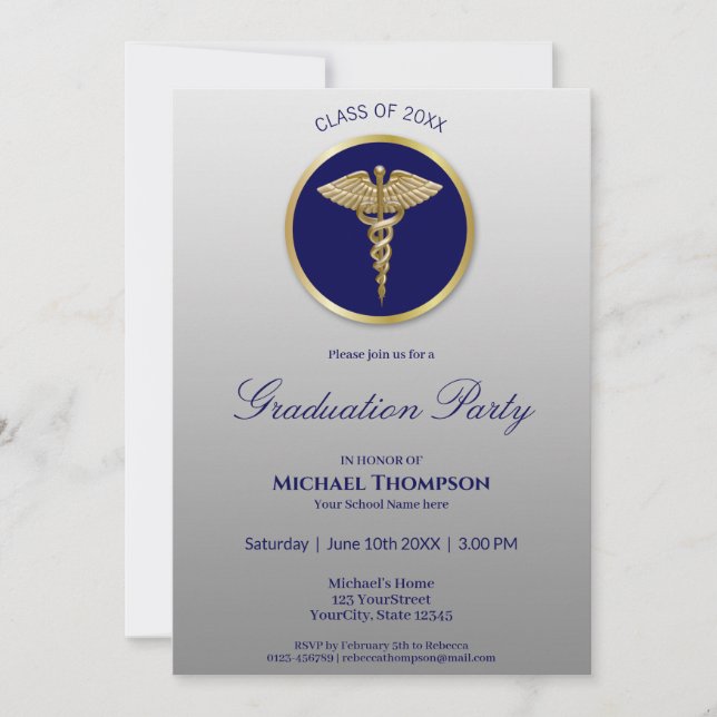Gold Caduceus Blue Médicale Graduation Invitation (Devant)