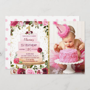 Gold Cake 1er Anniversaire Invitation avec photo