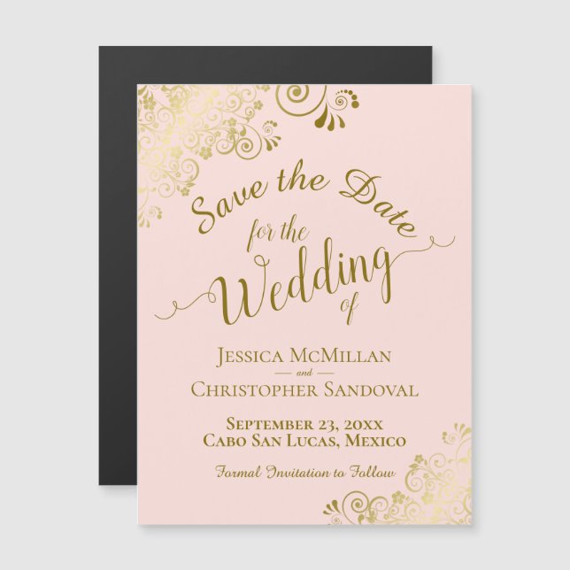 Gold Calligraphy Blush Pink Enregistrer l'aimant d (Devant / Derrière)