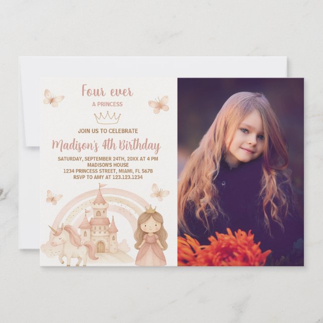 Gold Castle & Unicorn Party Invitation avec photo (Devant)
