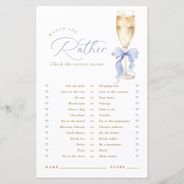 Gold Champagne Blue Bow Would She Rather Game (Devant)