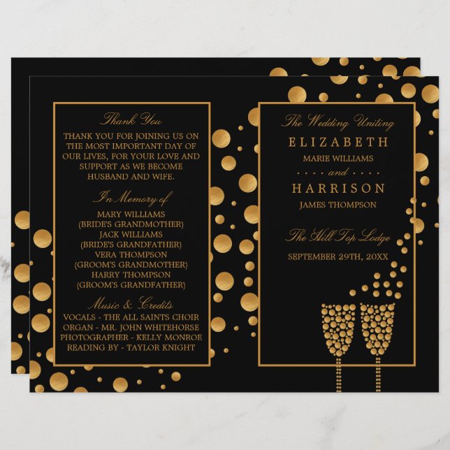 Gold Champagne Bubbles BlackGold Wedding Programme (Devant / Derrière)