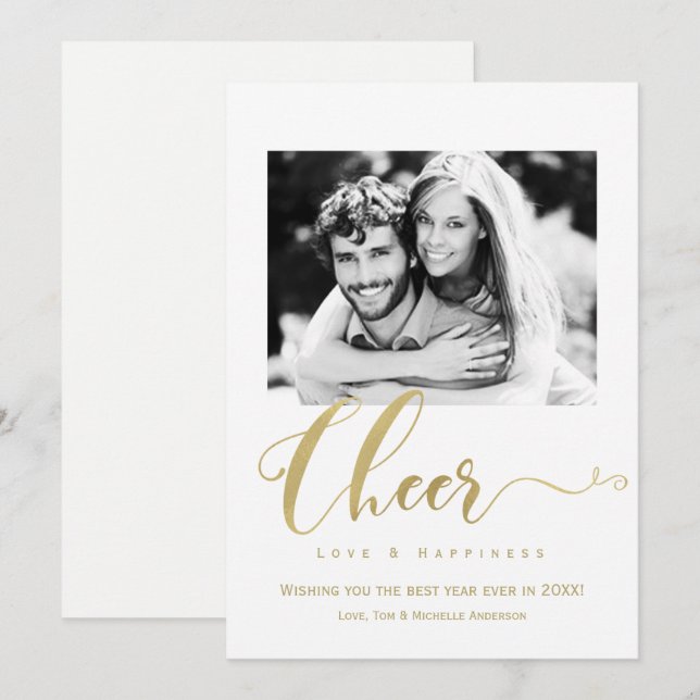 Gold Cheer Holiday New Years Photo Invitation (Devant / Derrière)