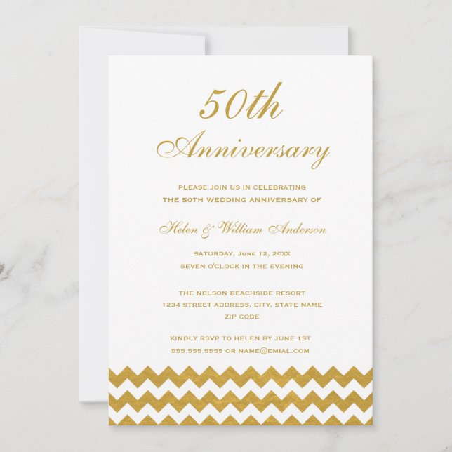Gold Chevron 50e anniversaire Mariage Invitation (Devant)