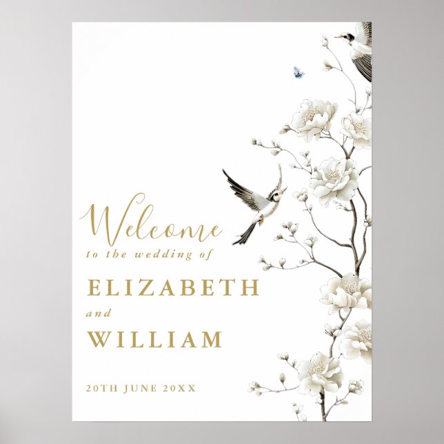 Gold Chinoiserie Floral Mariage Affiche de bienven (Devant)