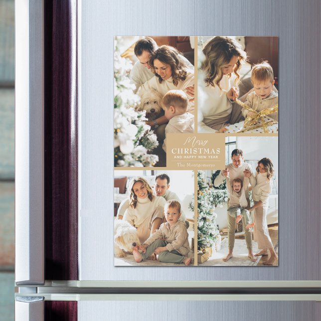 Gold Christmas 4 Photo Collage Cartes magnétiques (Magnetic greeting cards with Merry Christmas and 4 photos with a gold border)