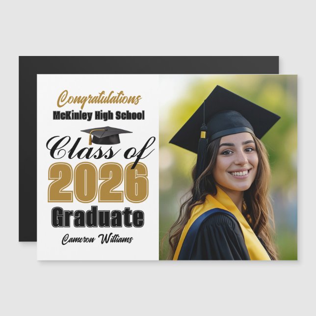 Gold Class of 2026 Graduation Photo Magnet Card (Devant / Derrière)