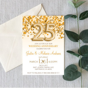 Gold Confetti 25e anniversaire Mariage Invitation
