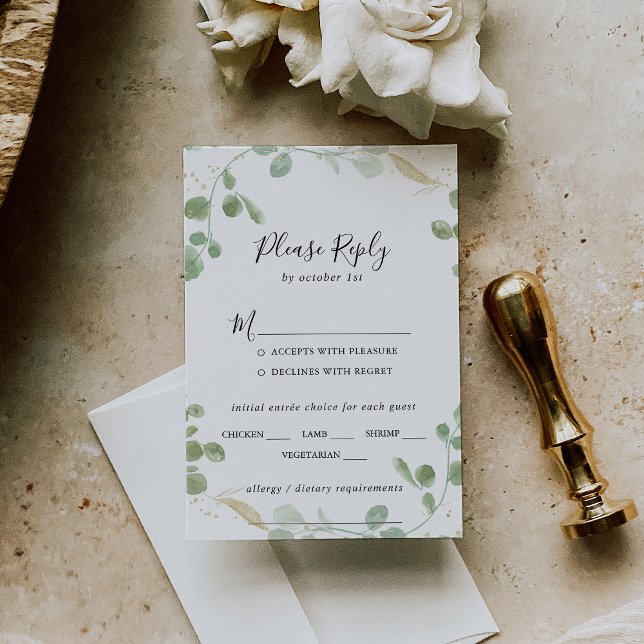 Gold Confetti Eucalyptus Mariage Menu Choix RSVP (Créateur téléchargé)