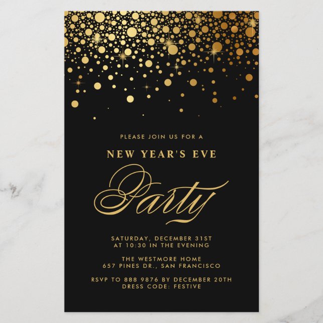 Gold Confetti Invitation de réveillon du Nouvel An (Devant)