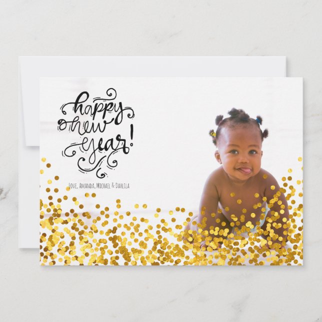 Gold Confetti Joyeux Carte photo du Nouvel An (Devant)