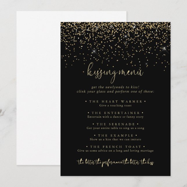 Gold Confetti Mariage Kissing Menu Carte de jeu (Devant / Derrière)