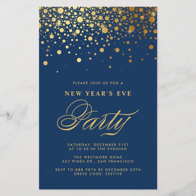 Gold Confetti Marine Bleu Nouvel An Invitation de  (Devant)