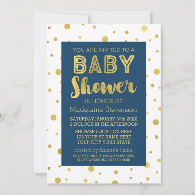 Gold Confetti Navy Blue Baby Shower Invitations (Dos)