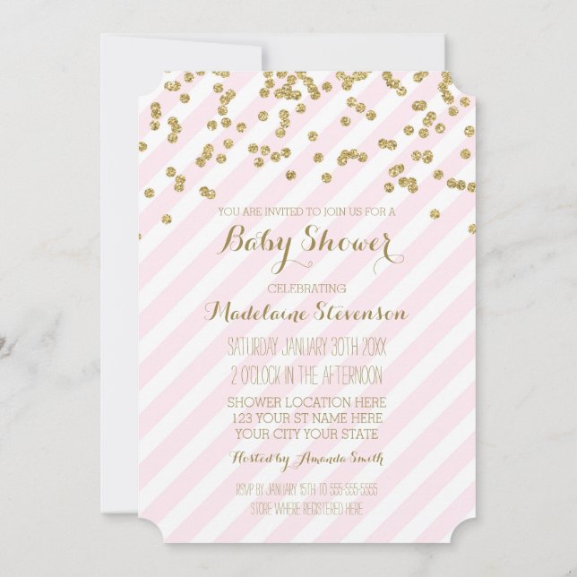 Gold Confetti Pink Stripes Bébé Douche Invitations (Dos)